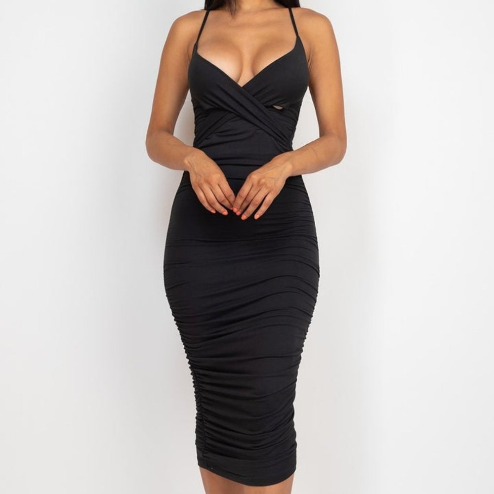 Women's Sexy Black Cross Wrap Stretch Knit Strap V-neck Ruched Midi Dress NWT